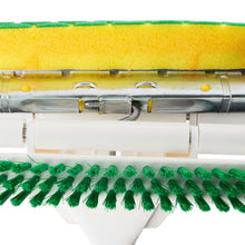 Built-in scrub brush attachment with green bristles on metal roller for sponge mop.