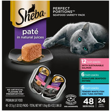 Sheba Perfect Portions paté seafood variety pack tray display on box front