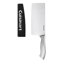 Stainless steel cleaver knife with black label and white blade, contoured handle