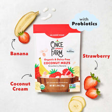 Organic coconut melts pouch with strawberry banana and fruit ingredient illustrations