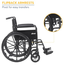 Drive wheelchair with flip-back armrests and swing-away footrests, black