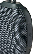 onn mini rugged speaker side, gray mesh with plus and power buttons