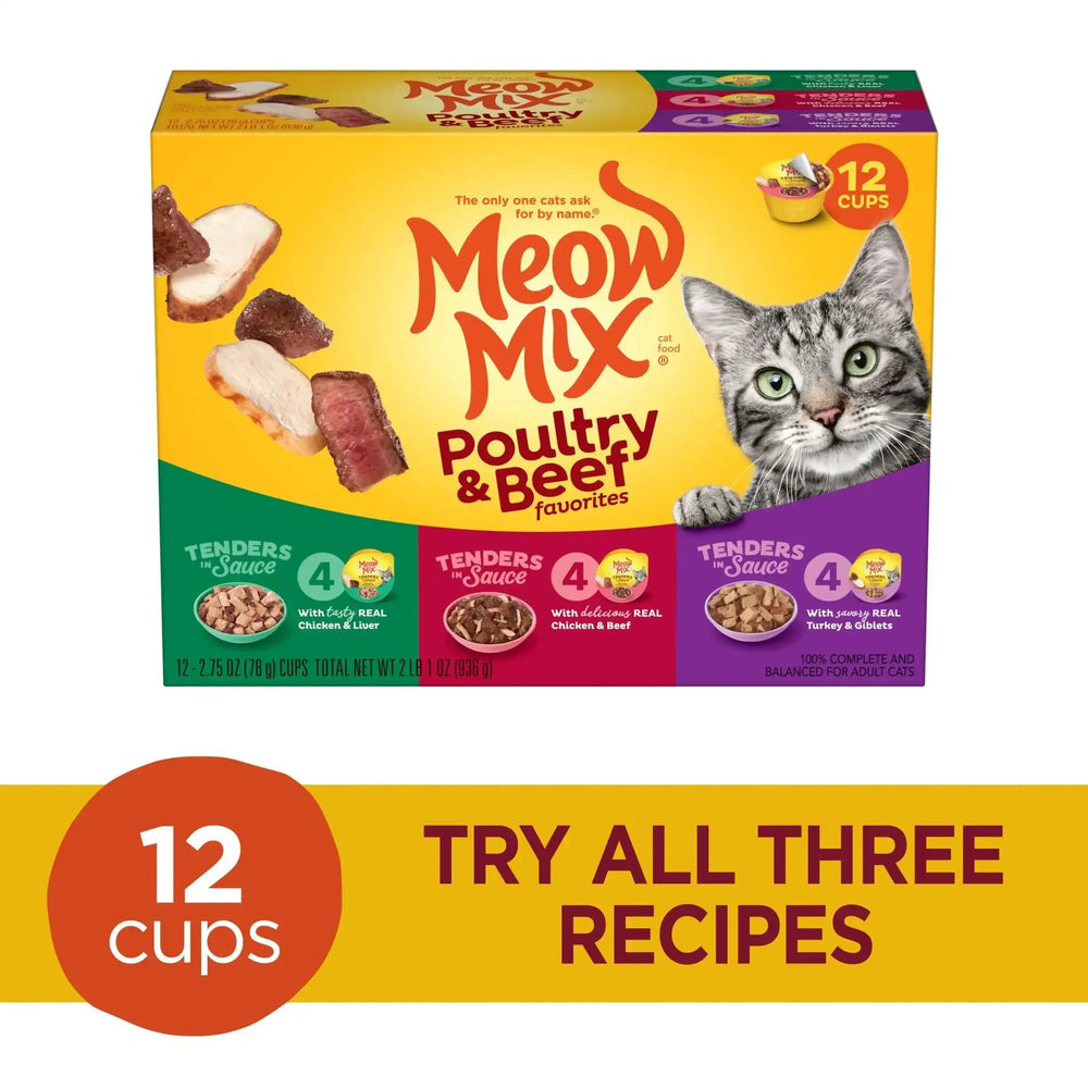 Meow Mix Tender Favorites Poultry & Beef Variety Pack, Wet Cat Food, 2.75 oz Cup - USA MEGA SHOP