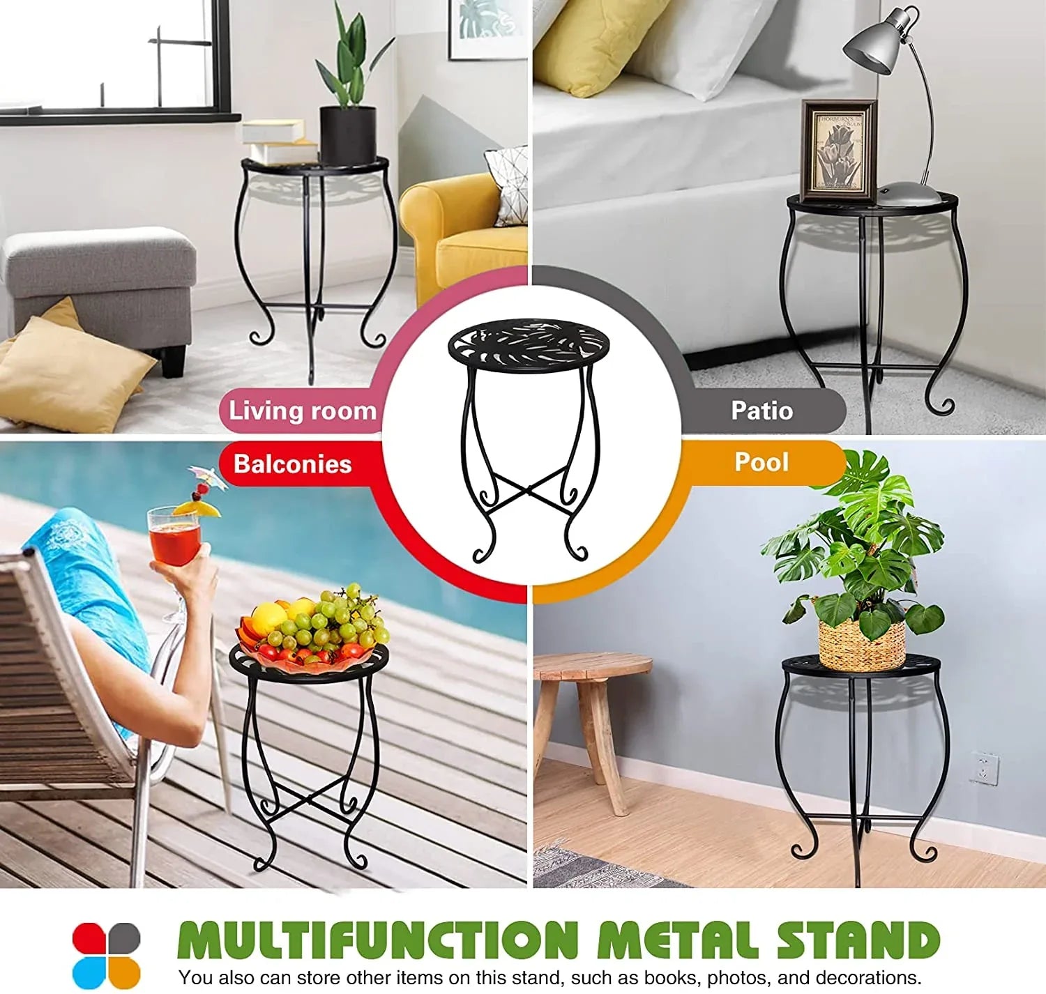 KABB 15'' Tall Plant Stand for Flower Pot Set of 1, Round Metal Plant Stand Indoor, Decorative Black Flower Pot Stand Plant Table - USA MEGA SHOP
