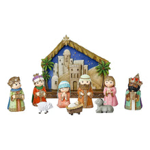 Resin miniature nativity set scene with stable, manger, sheep, and multiple characters