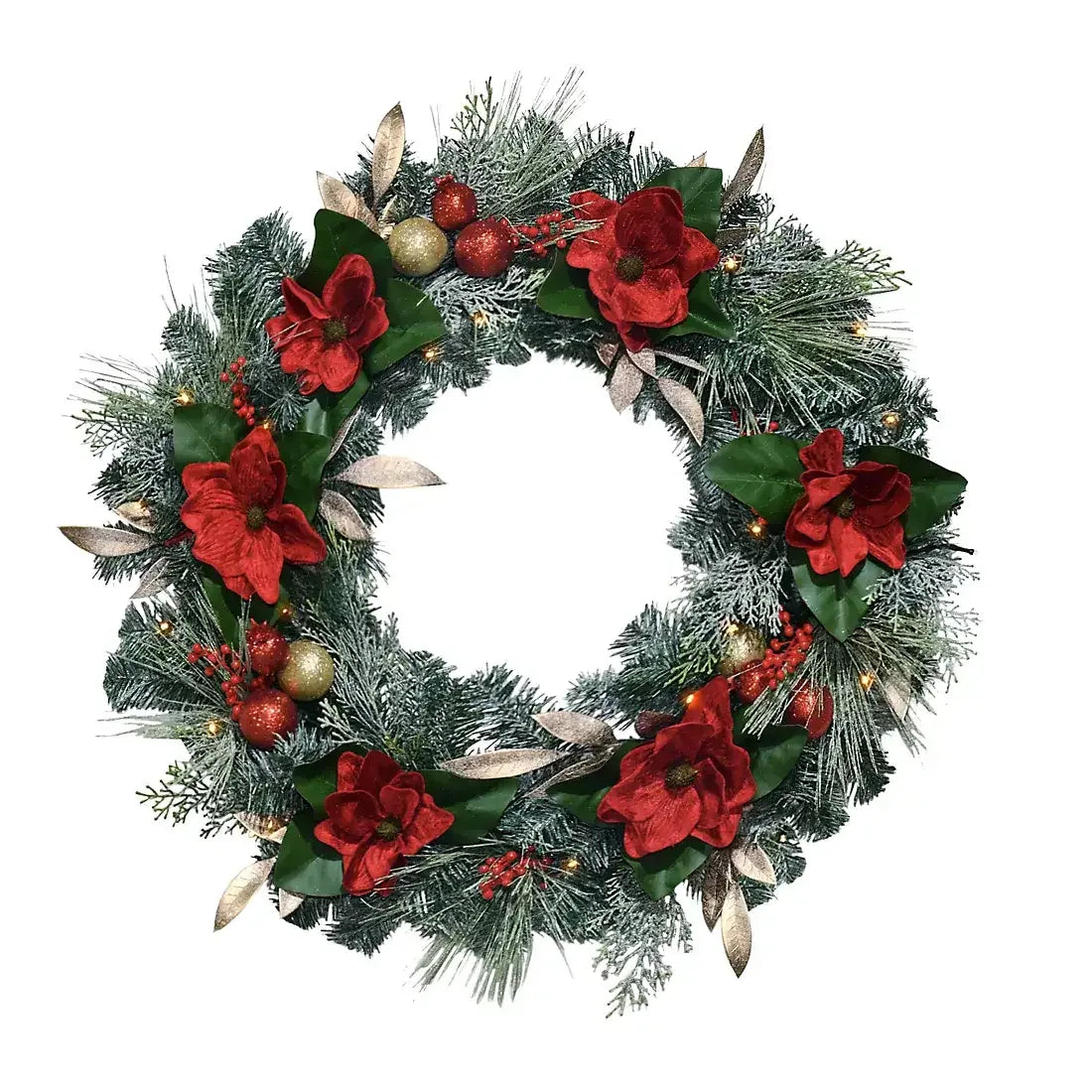 Berkley Jensen 28" Red Magnolia Wreath with LED Lights - USA MEGA SHOP