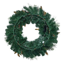 28-inch Christmas wreath with dense green pine needles and gold pinecone accents