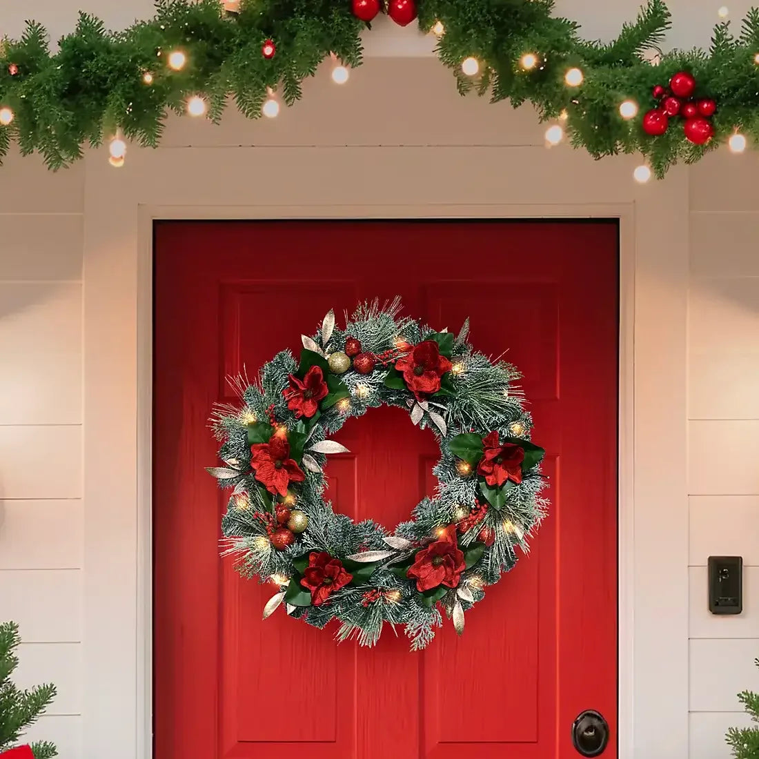 Berkley Jensen 28" Red Magnolia Wreath with LED Lights - USA MEGA SHOP