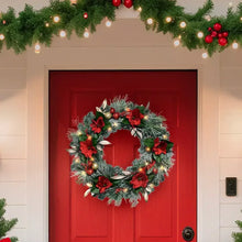 28-inch Christmas wreath with red flowers, berries, and glowing LED lights