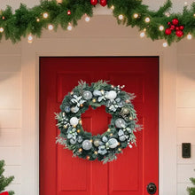 28-inch Christmas wreath with white floral accents, silver berries, and LED lights