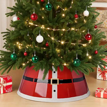 Red Santa belt tree collar with white trim, black belt stripe, and gold buckle