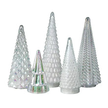 Glass Christmas tree set with LED lights, five faceted cone trees in clear and green tones