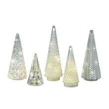 Glass Christmas tree set with LED lights, five faceted cones in clear, white, and pale yellow