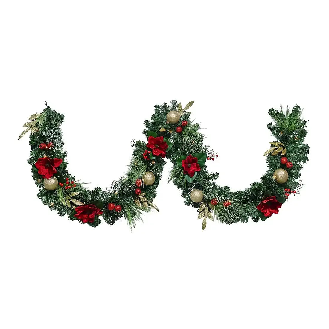 Berkley Jensen 9' Red Magnolia Garland With LED Lights - USA MEGA SHOP