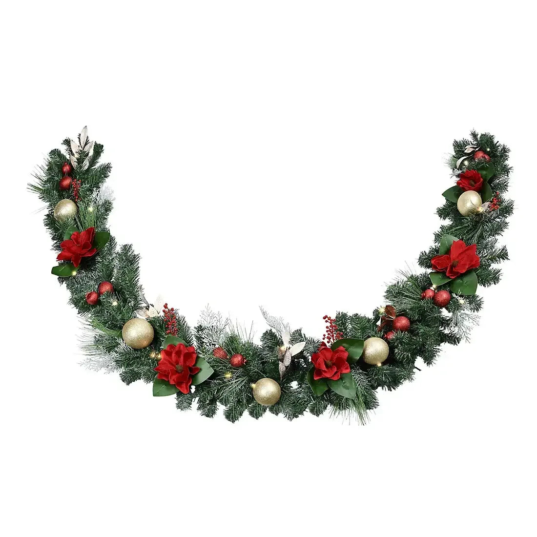 Berkley Jensen 9' Red Magnolia Garland With LED Lights - USA MEGA SHOP