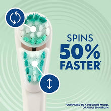 Electric toothbrush head with green bristles on white handle