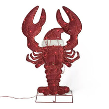Lighted Christmas lobster decoration back view, red glitter tail and large claws on base
