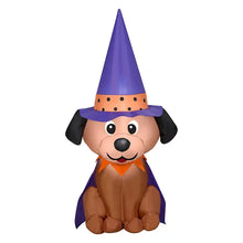 Inflatable dog figure in a purple witch hat and orange collar, isolated front view