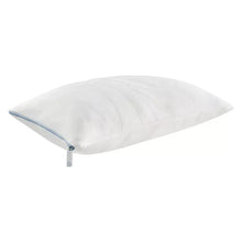 Shredded foam pillow with white cover and corner zipper label
