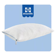 White pillow with Sealy dreamlife logo patch and corner zipper label
