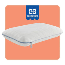 Memory foam pillow with light gray cover and blue piping, side zipper