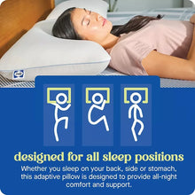 Light gray memory foam pillow with blue piping on a bed