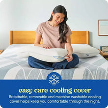 Memory foam pillow on bed with cooling cover feature icon