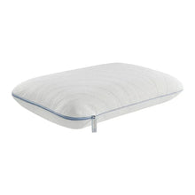 White memory foam pillow with blue zipper trim and quilted top surface