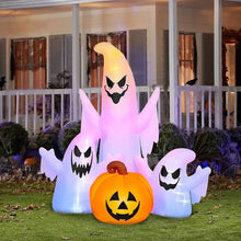 Inflatable Halloween ghost trio with glowing purple-blue ghosts and jack-o’-lantern