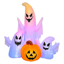 Inflatable Halloween ghost trio with glowing purple-blue ghosts and orange jack-o’-lantern