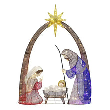 Pre-lit nativity arch with golden star and lit angel, Mary, baby scene