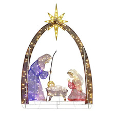 Pre-lit nativity arch with golden star, manger, Mary and shepherd figures