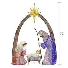 Pre-lit nativity arch with golden star; 72 in height; lit angel, Mary, shepherd
