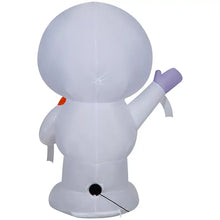 Inflatable mummy decoration with large white head and purple raised arm, orange accent