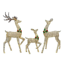 Set of three gold pre-lit reindeer decorations with green bell collars