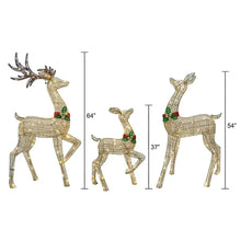 Set of three gold pre-lit reindeer decorations with bell collars, height shown