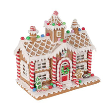 LED gingerbread house set of 3, 3/4 view with open doorway, roof accents, lit windows