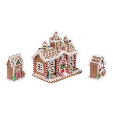 Gingerbread house decor set of three, angled view with candy trim roofs