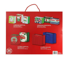 Assorted holiday gift bags in a red box, showing medium vertical and large sizes