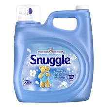 Blue liquid fabric conditioner jug with flip-top cap and Snuggle Blue Sparkle front label