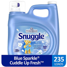 Blue fabric conditioner jug with Snuggle Blue Sparkle Cuddle Up Fresh label and 235 loads