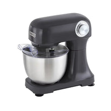Black stand mixer with stainless mixing bowl and tilt-back head, silver control dial.