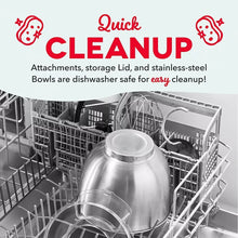 Stainless mixing bowl and beaters in dishwasher rack next to stand mixer accessories.