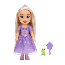 Rapunzel fashion doll in purple dress with green animal friend and purple wand