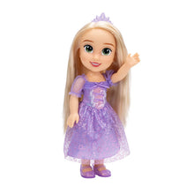 Rapunzel fashion doll with long blonde hair, purple off-shoulder dress