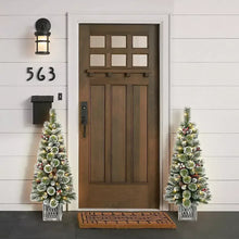 Pre-lit flocked potted Christmas trees (2-pack) in square metal lattice planters
