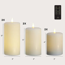 Wax pillar candle set size chart: 2x6in, 2x5in, 2x4in, 3in width