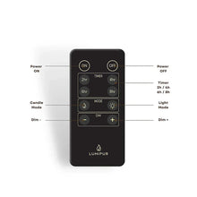 Black remote control for wax pillar candles with power, timer, mode, dim