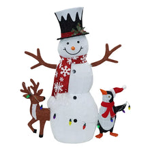 Pre-lit white fabric snowman with top hat, red scarf, plus reindeer and penguin