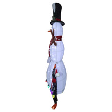 Pre-lit white fabric snowman side view with top hat, scarf, and friend figures